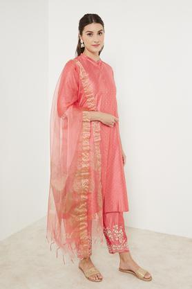 embroidered calf length viscose blend woven women's kurta pant dupatta set - orange