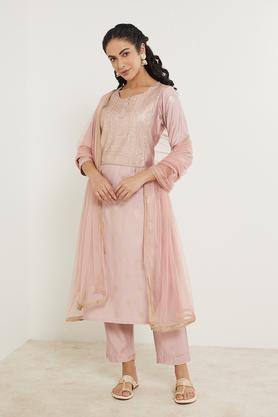embroidered calf length viscose blend woven women's kurta pant dupatta set - pink