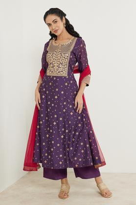 embroidered calf length viscose blend woven women's kurta pant dupatta set - purple