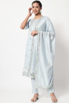 embroidered calf length viscose women's kurta set - grey