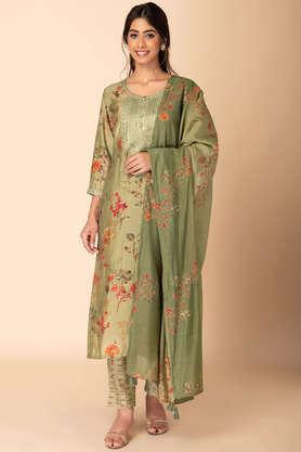 embroidered calf length viscose woven women's kurta pant dupatta set - green