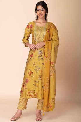 embroidered calf length viscose woven women's kurta pant dupatta set - yellow