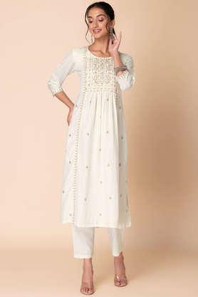 embroidered calf length viscose woven women's kurta pant set - white