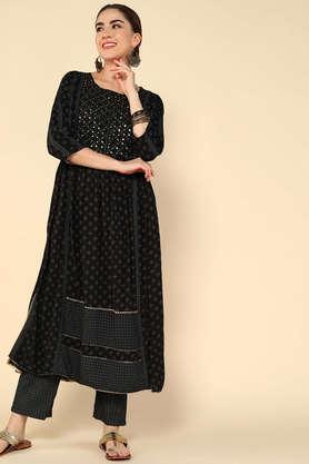 embroidered calf length viscose woven women's kurta set - black