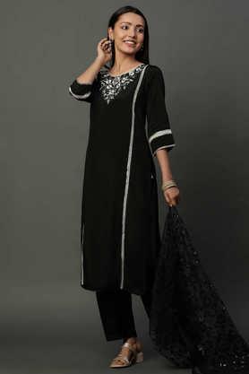embroidered calf length viscose woven women's kurta set - black