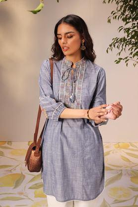 embroidered chambray tie up neck� women's casual wear kurti - dark blue