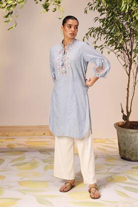 embroidered chambray tie up neck� women's casual wear kurti - light blue