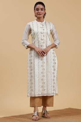 embroidered chanderi collared women's festive wear kurta - off white