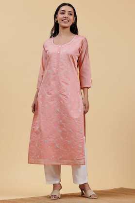 embroidered chanderi round neck women's festive wear kurta - peach