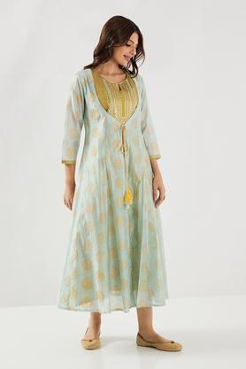 embroidered chanderi round neck women's inner outer set - mint