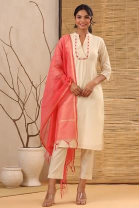 embroidered chanderi v neck womens salwar kurta dupatta set - natural