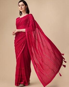 embroidered chiffon saree with tassels