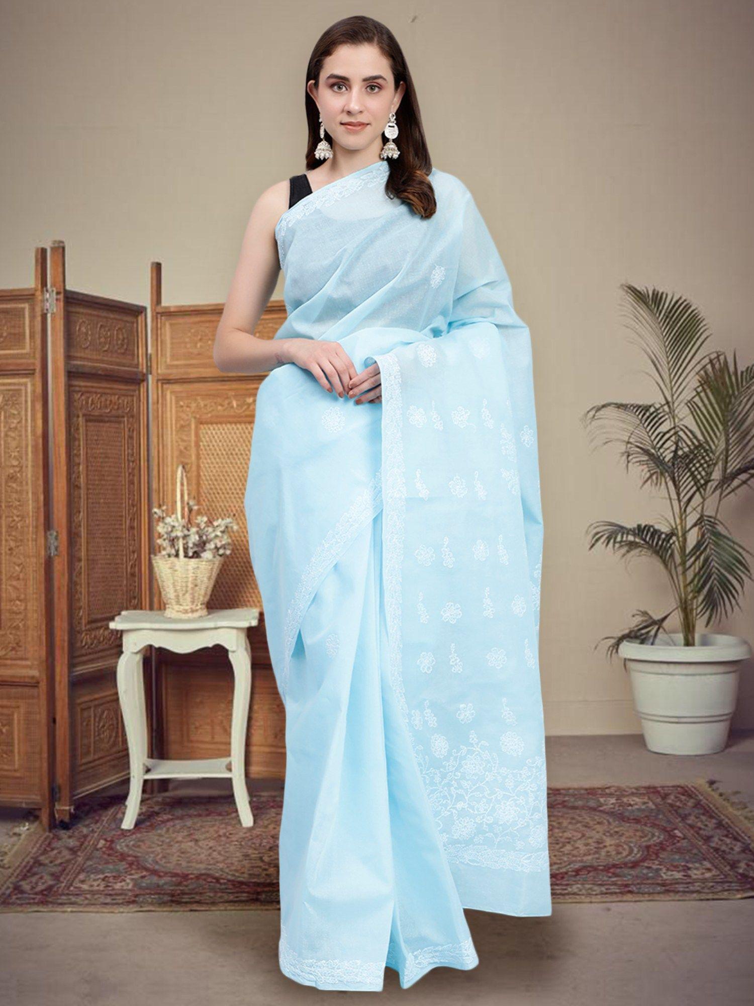 embroidered chikankari blue terivoil cotton saree with unstitched blouse with unstitched