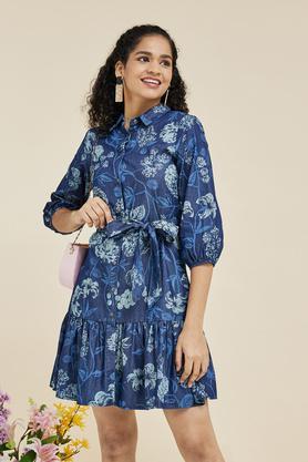embroidered collar neck denim women's maxi dress - blue