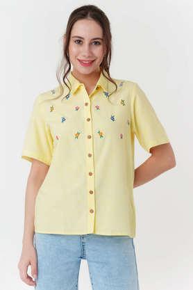 embroidered collar neck viscose blend women's casual wear shirt - yellow