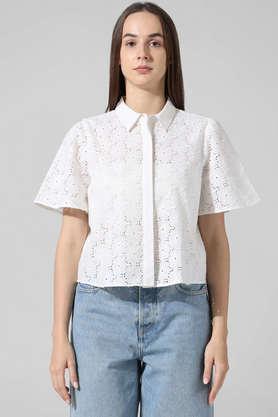 embroidered collared cotton women's casual wear shirt - white