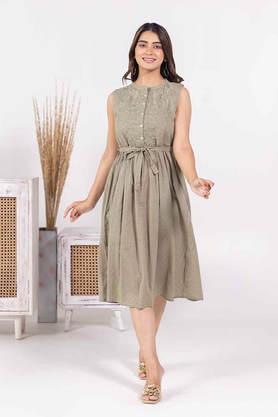 embroidered collared cotton women's dress - olive