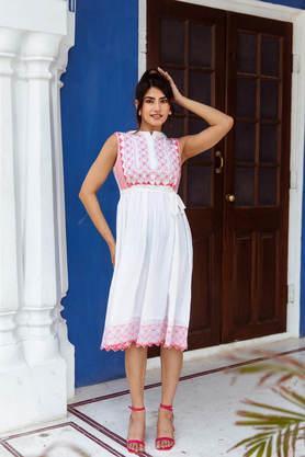 embroidered collared cotton women's dress - pink