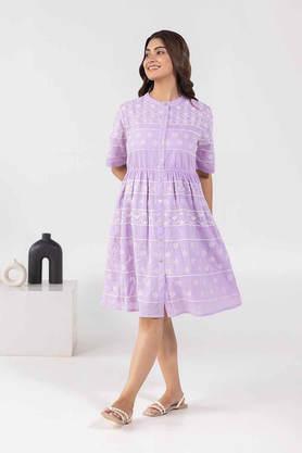 embroidered collared cotton women's dress - purple