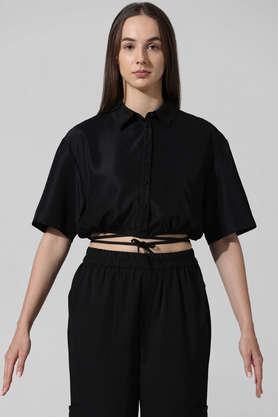 embroidered collared linen women's casual wear shirt - black