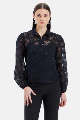 embroidered collared organza women's formal wear shirt - black