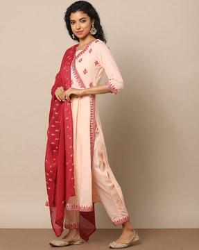 embroidered cotton angrakha kurta suit set with mul dupatta