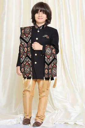 embroidered cotton blend collar neck boys sherwani dupatta set - black
