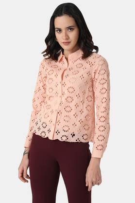 embroidered cotton blend collar neck women's casual shirt - pink