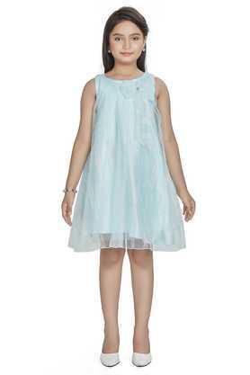 embroidered cotton blend round neck girl's dress - sky blue