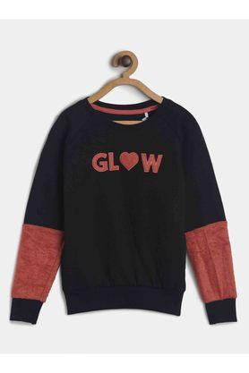 embroidered cotton blend round neck girls sweatshirt - black