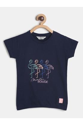 embroidered cotton blend round neck girls t-shirt - navy