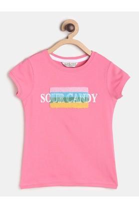 embroidered cotton blend round neck girls t-shirt - pink