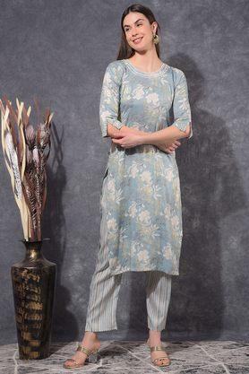 embroidered cotton blend round neck women's kurti with pant - blue