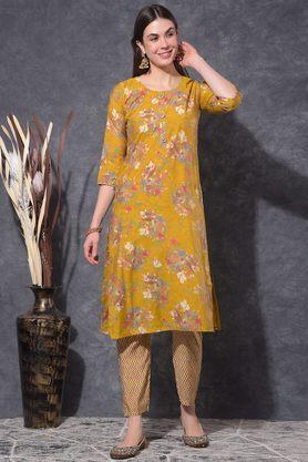 embroidered cotton blend round neck women's kurti with pant - mustard