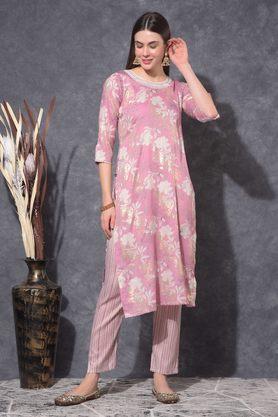 embroidered cotton blend round neck women's kurti with pant - pink