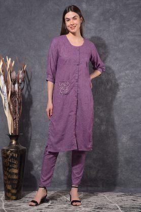 embroidered cotton blend round neck women's kurti with pant - purple