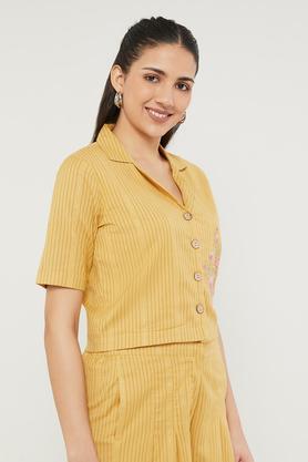 embroidered cotton blend round neck women's top - mustard