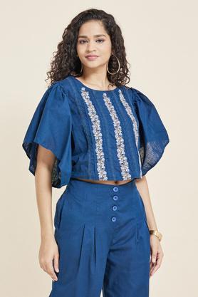 embroidered cotton blend round neck womens casual wear tunic - navy