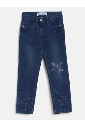 embroidered cotton blend slim fit girls jeans - blue