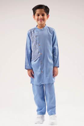 embroidered cotton boys kurta set - blue