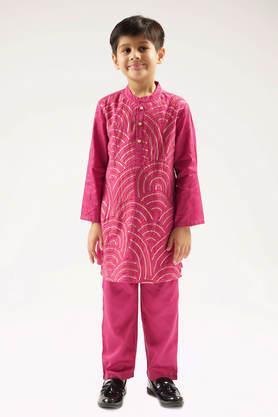 embroidered cotton boys kurta set - wine