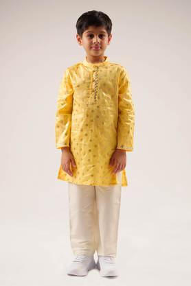 embroidered cotton boys kurta set - yellow