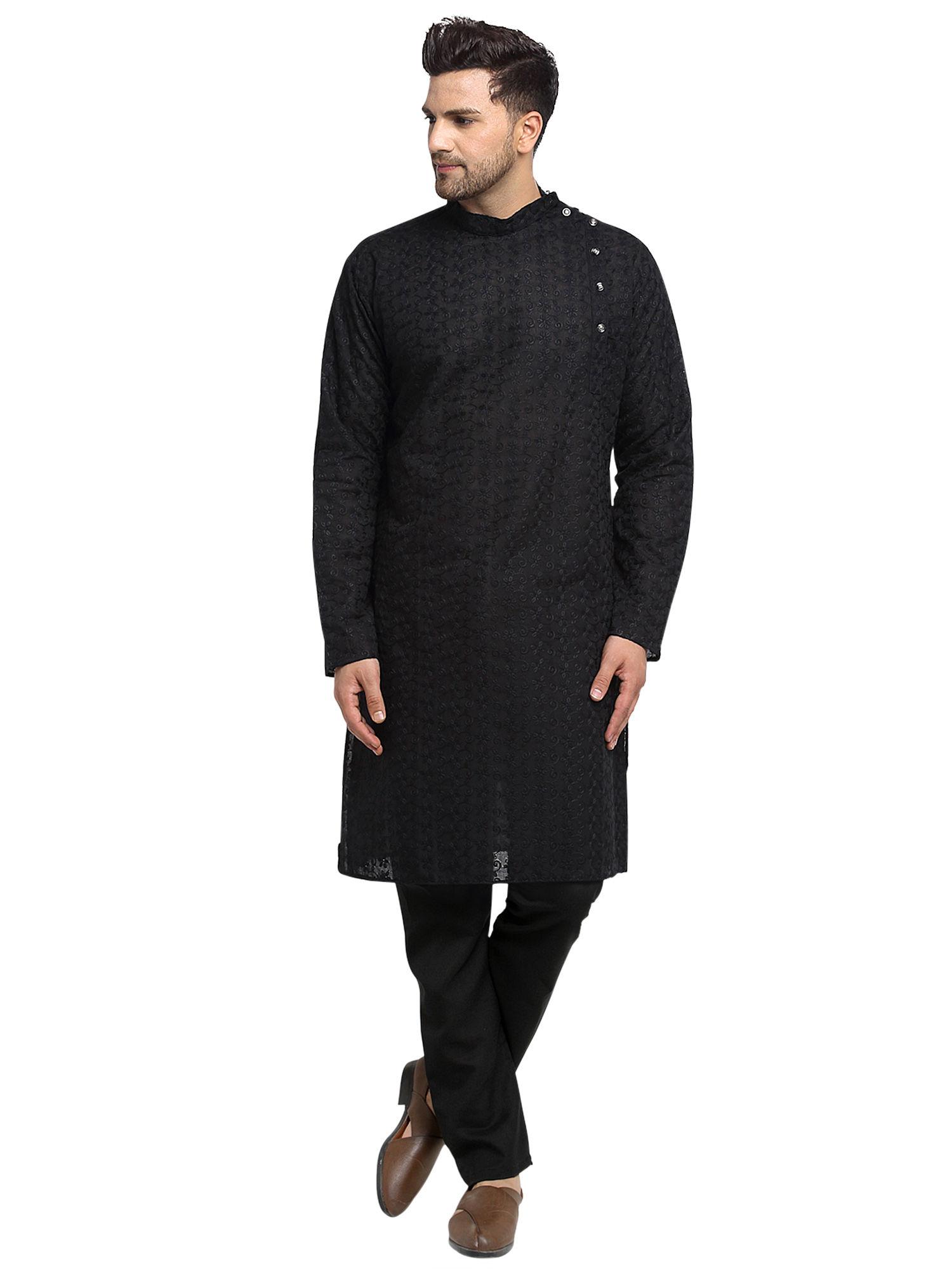 embroidered cotton chikankari black kurta with aligarh pyjama for men (set of 2)