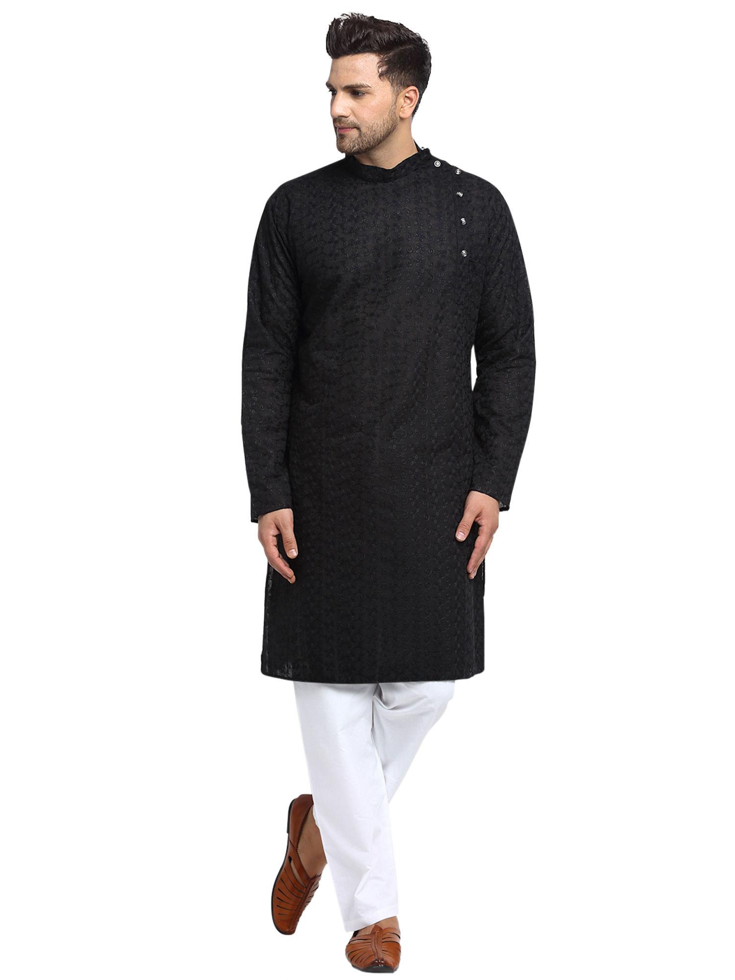 embroidered cotton chikankari black kurta with white aligarh pyjama for men (set of 2)