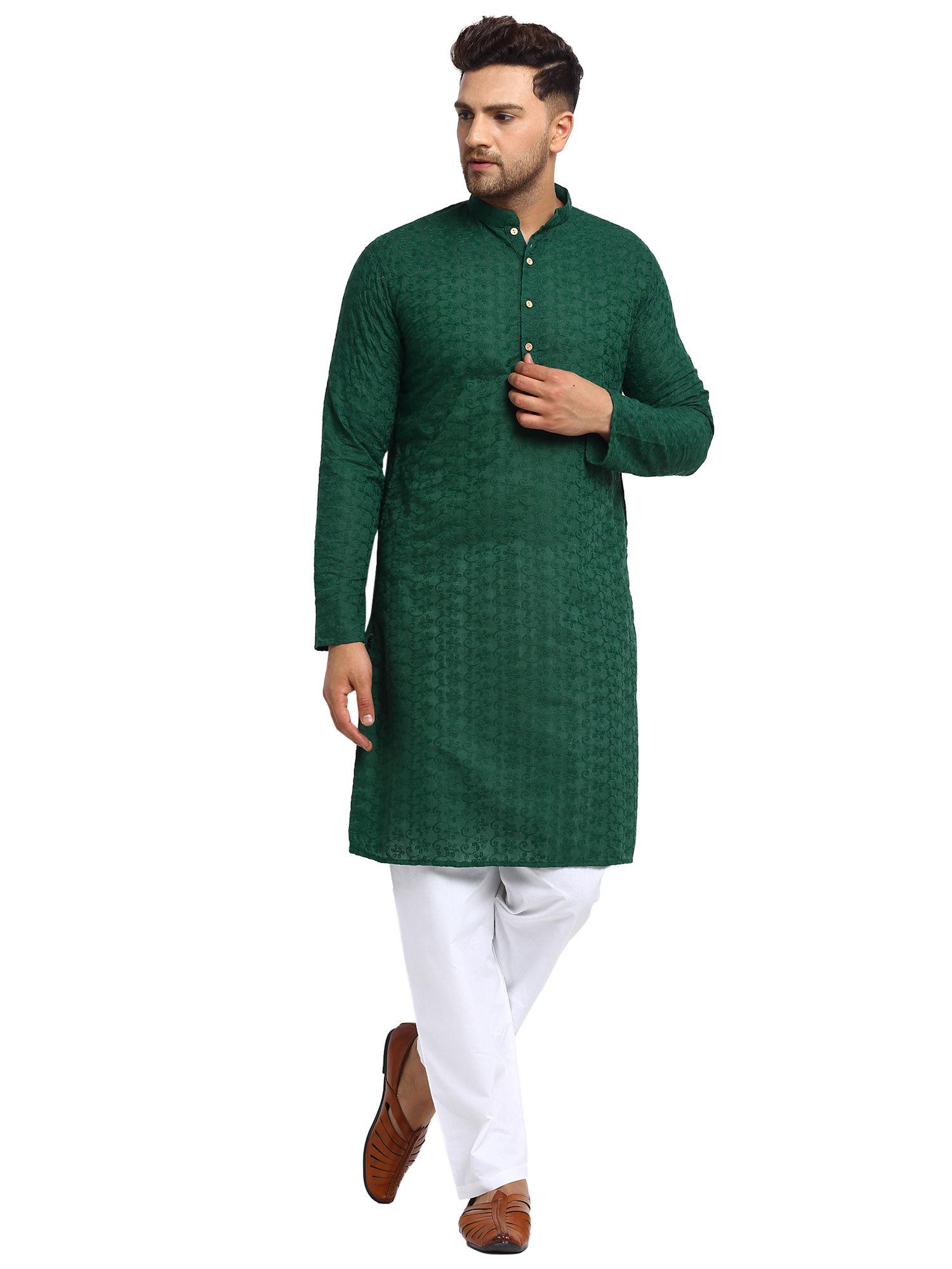 embroidered cotton chikankari green kurta with aligarh pyjama for men (set of 2)