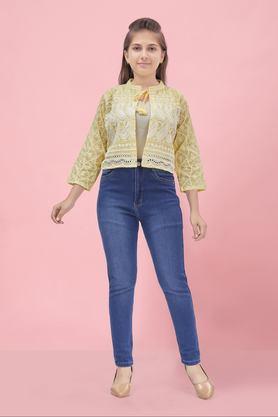 embroidered cotton collared girls jacket - lemon