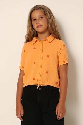 embroidered cotton collared girls shirt - yellow