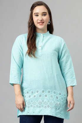 embroidered cotton collared women's kurti - sky blue