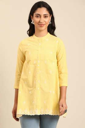 embroidered cotton collared women's top - yellow