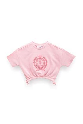 embroidered cotton crew neck girls t-shirt - pink